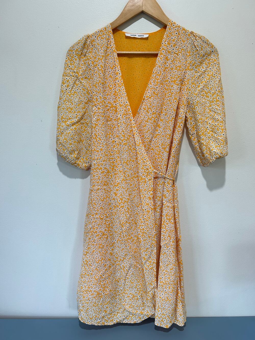 Samsoe Samsoe Golden Aster dress womens size XXS wrap yellow floral knee length